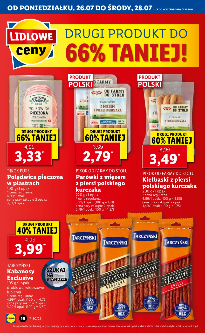 Gazetka promocyjna Lidl - GAZETKA - ważna 26.07 do 28.07.2021 - strona 16 - produkty: Fa, Kabanos, Kurczak, Parówki, Piec, PIKOK, Polędwica, Pur, Tarczyński