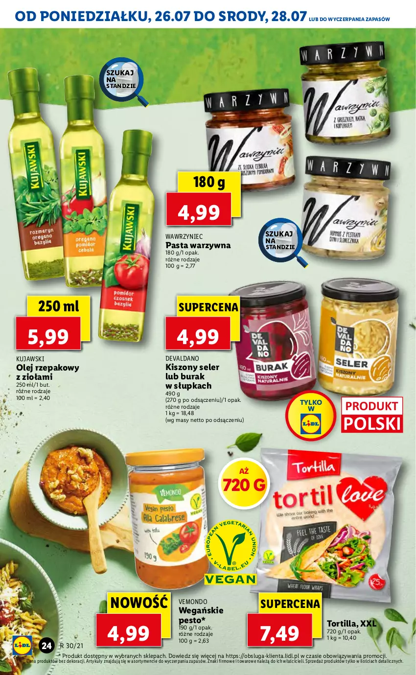 Gazetka promocyjna Lidl - GAZETKA - ważna 26.07 do 28.07.2021 - strona 24 - produkty: Kujawski, Olej, Olej rzepakowy, Pasta warzywna, Pesto, Tortilla