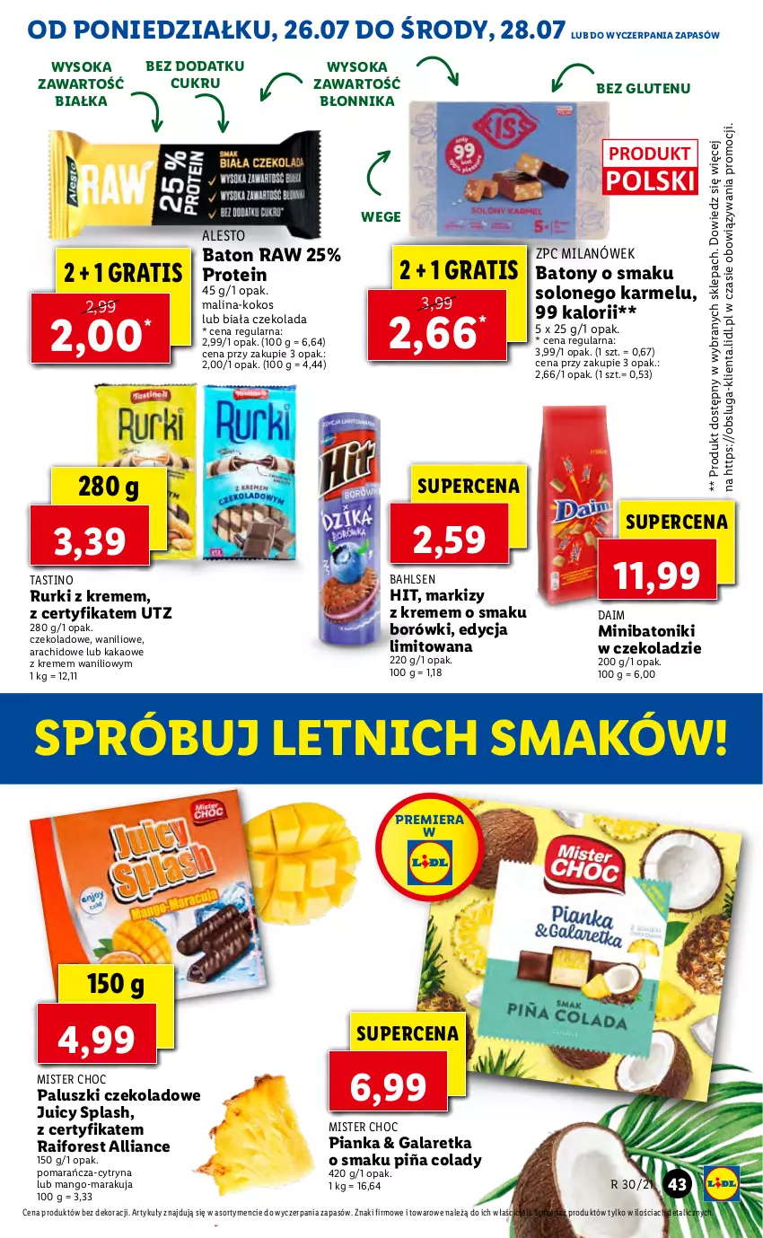 Gazetka promocyjna Lidl - GAZETKA - ważna 26.07 do 28.07.2021 - strona 43 - produkty: Baton, Czekolada, Gala, Galaretka, Gra, Kakao, Kokos, Mango, Rurki, Sok, Tonik