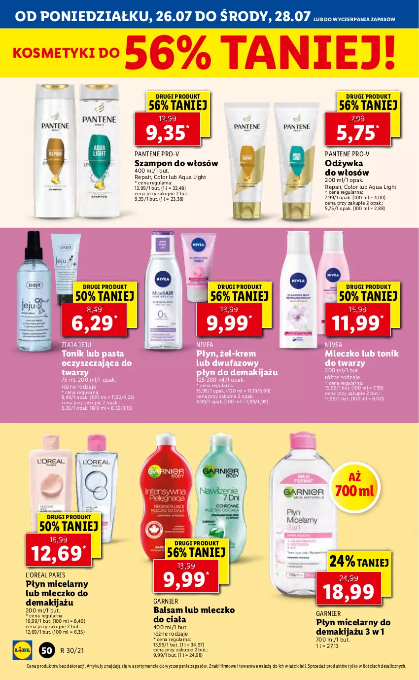 Gazetka promocyjna Lidl - GAZETKA - ważna 26.07 do 28.07.2021 - strona 50 - produkty: Fa, Garnier, Makijaż, Mleczko, Mleczko do ciała, Nivea, Odżywka, Pantene, Płyn micelarny, Szampon, Tonik, Tonik do twarzy, Ziaja