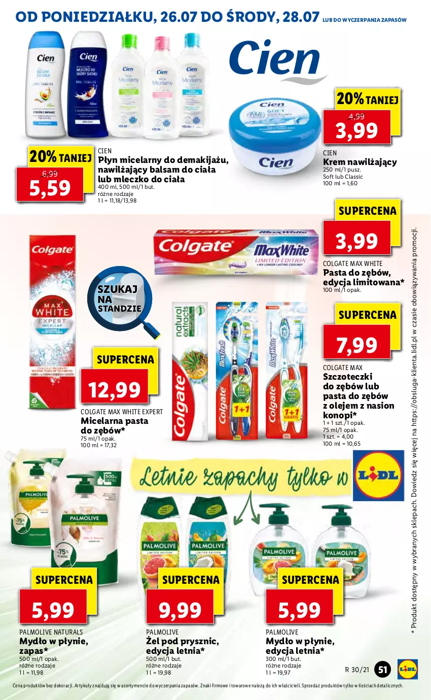 Gazetka promocyjna Lidl - GAZETKA - ważna 26.07 do 28.07.2021 - strona 51 - produkty: Balsam do ciała, Colgate, Krem nawilżający, LG, Makijaż, Mleczko, Mleczko do ciała, Mydło, Mydło w płynie, Nawilżający balsam, Olej, Palmolive, Pasta do zębów, Płyn micelarny