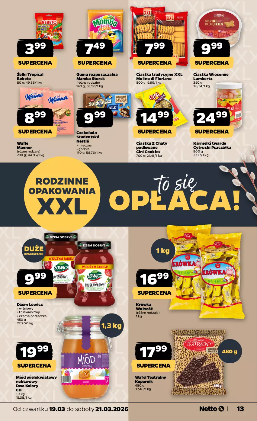 Gazetka promocyjna Netto - Od Czwartku - ważna 19.03 do 21.03.2026 - strona 13 - produkty: Ciastka, Czekolada, Dżem, Guma rozpuszczalna, Mamba, Miód, Nektar, Nestlé, Por, Tropical, Wafle