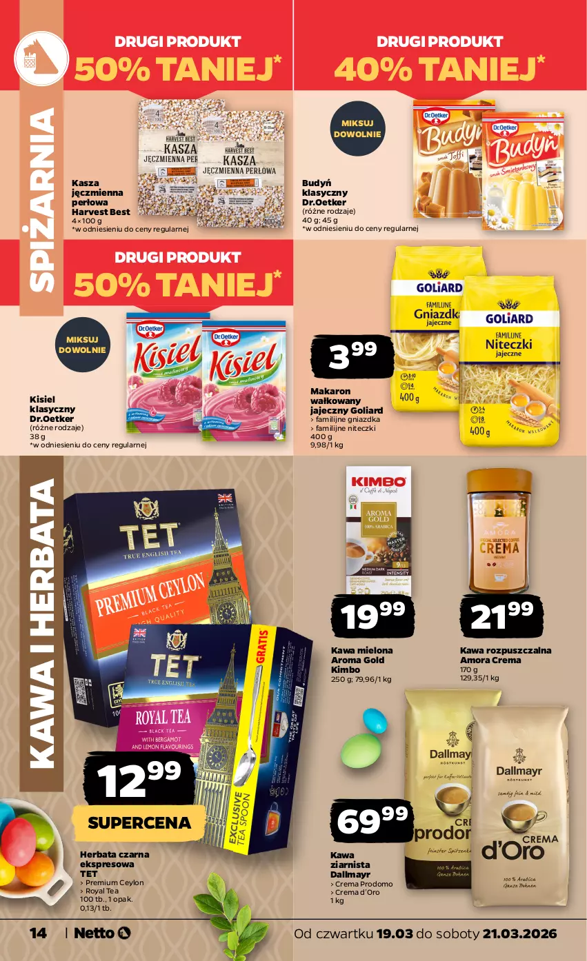 Gazetka promocyjna Netto - Od Czwartku - ważna 19.03 do 21.03.2026 - strona 14 - produkty: Budyń, Dallmayr, Fa, Goliard, Herbata, Herbata czarna, Kasza, Kasza jęczmienna, Kawa, Kawa mielona, Kawa rozpuszczalna, Kawa ziarnista, Kisiel, Makaron