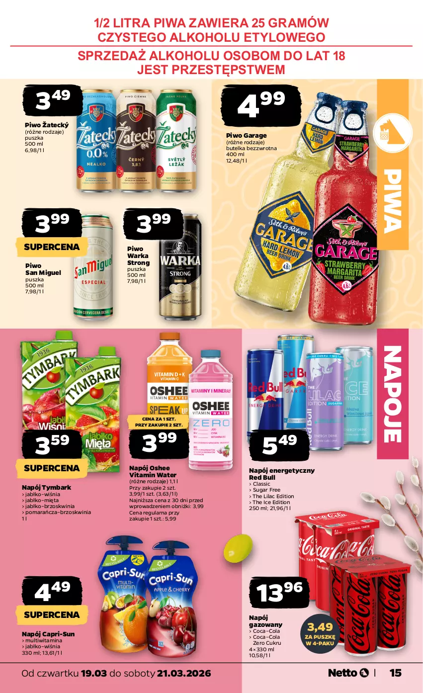 Gazetka promocyjna Netto - Od Czwartku - ważna 19.03 do 21.03.2026 - strona 15 - produkty: Gra, Mięta, Napój, Napój energetyczny, Napój gazowany, Napoje, Oshee, Piwa, Piwo, Red Bull, Tymbark, Warka