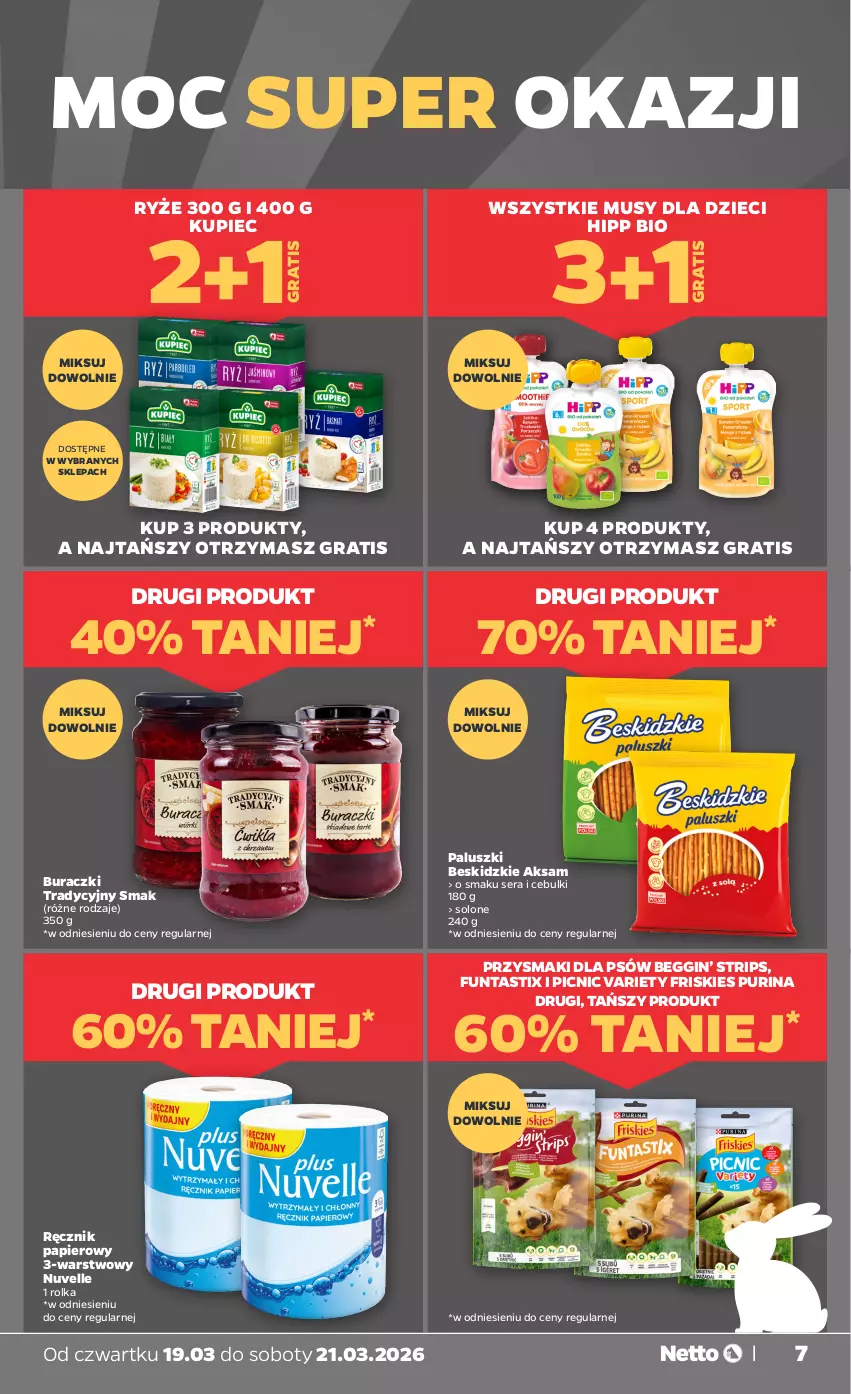 Gazetka promocyjna Netto - Od Czwartku - ważna 19.03 do 21.03.2026 - strona 7 - produkty: Aksam, Beskidzki, Buraczki, Dzieci, Friskies, Gin, Gra, HiPP, Hipp Bio, Kupiec, Mus, Papier, Piec, Przysmaki, Pur, Purina, Ręcznik, Ryż, Ser