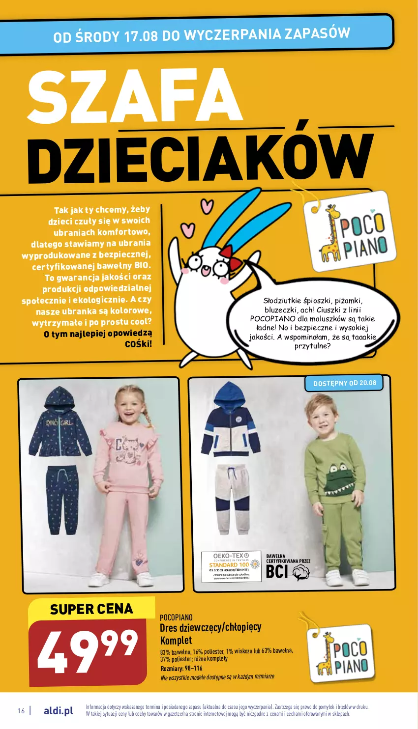 Gazetka promocyjna Aldi - COŚki idą do szkoły, sprawdź gazetkę - ważna 17.08 do 31.08.2022 - strona 16 - produkty: Dres, Dzieci, Fa, Piec, Pocopiano, Sok, Szafa, Ubrania, Wełna