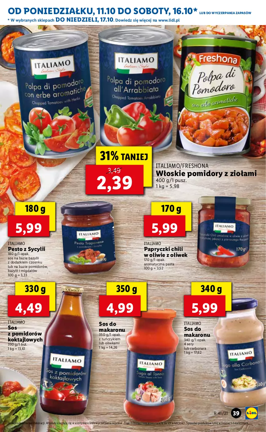 Gazetka promocyjna Lidl - GAZETKA - ważna 11.10 do 13.10.2021 - strona 39 - produkty: Bazyl, Makaron, Pesto, Pomidory, Ser, Sos, Sos do makaronu, Tuńczyk