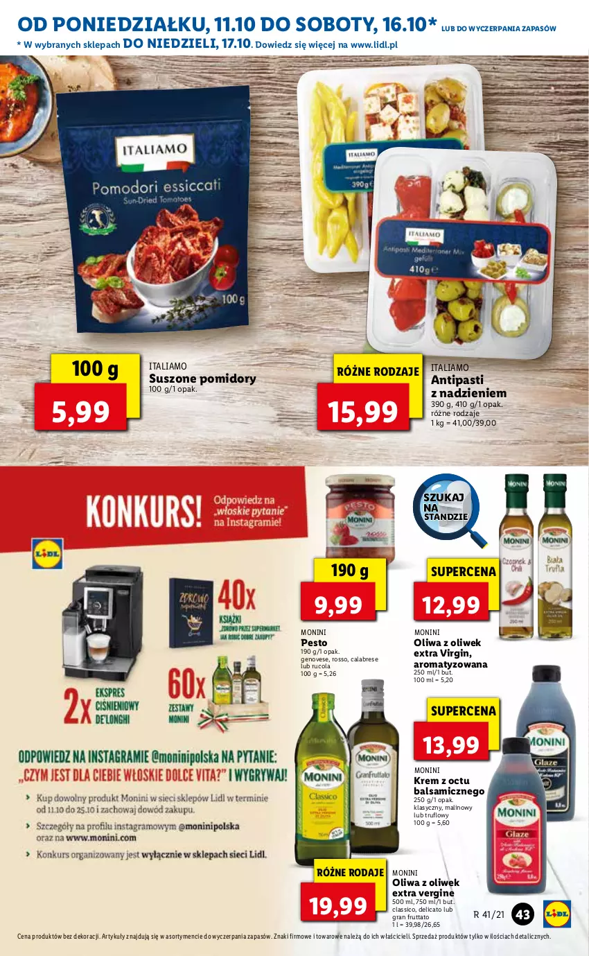 Gazetka promocyjna Lidl - GAZETKA - ważna 11.10 do 13.10.2021 - strona 43 - produkty: Gin, Gra, Monini, Oliwa z oliwek, Pesto, Pomidory, Suszone pomidory