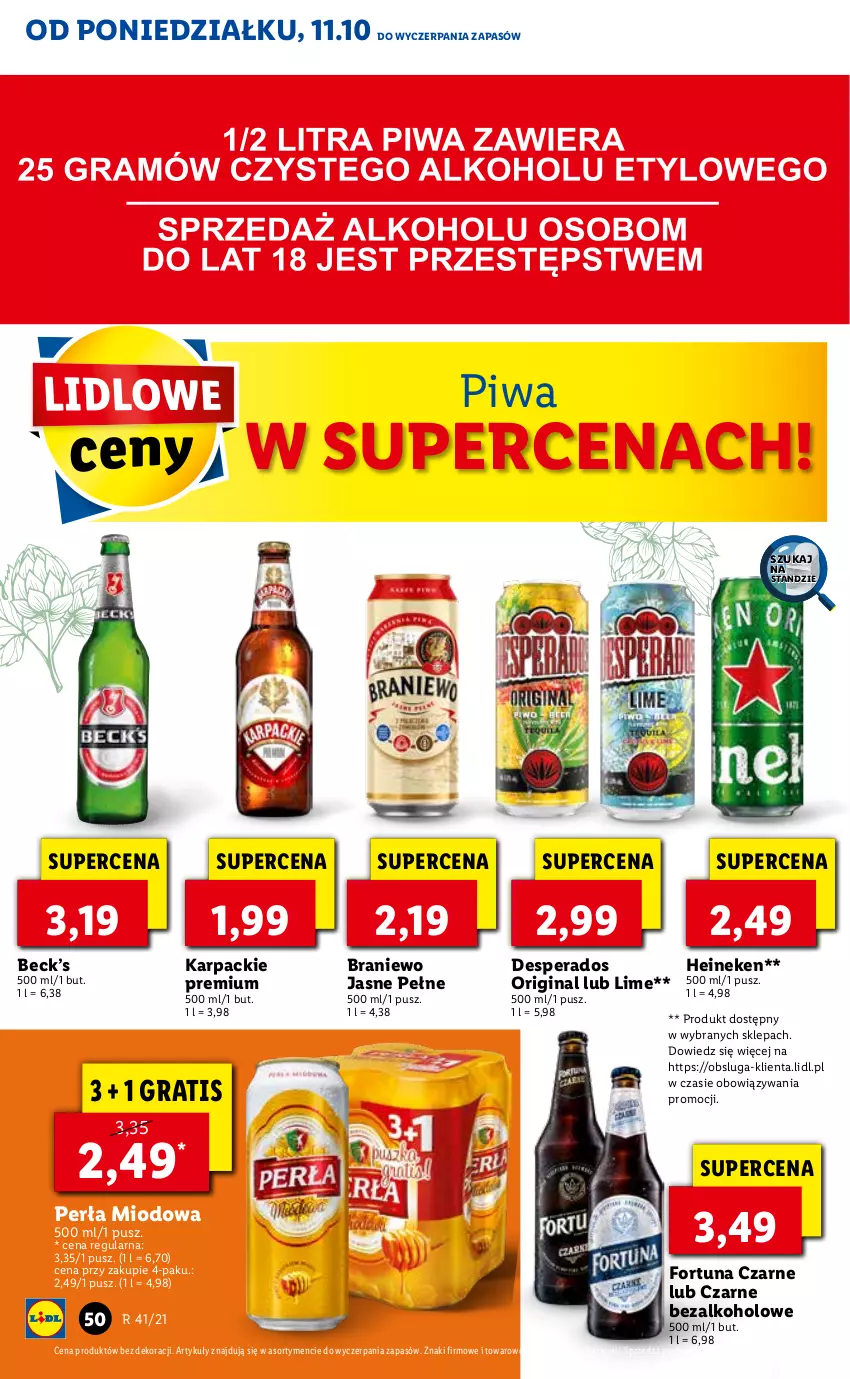 Gazetka promocyjna Lidl - GAZETKA - ważna 11.10 do 13.10.2021 - strona 50 - produkty: Desperados, Fortuna, Gin, Gra, Heineken, Karp, Perła, Piwa