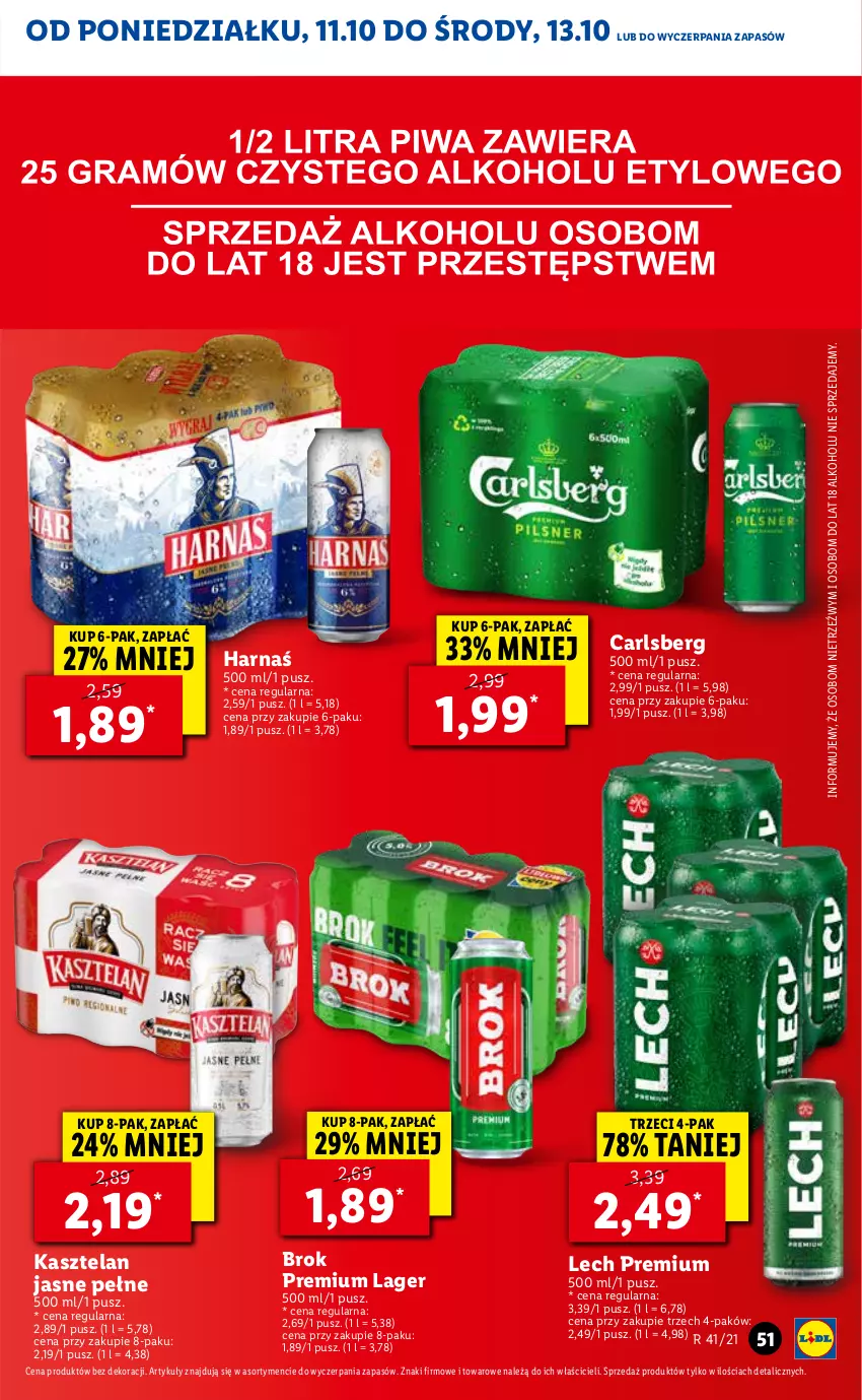 Gazetka promocyjna Lidl - GAZETKA - ważna 11.10 do 13.10.2021 - strona 51 - produkty: Carlsberg, Harnaś, Kasztelan, Lech Premium