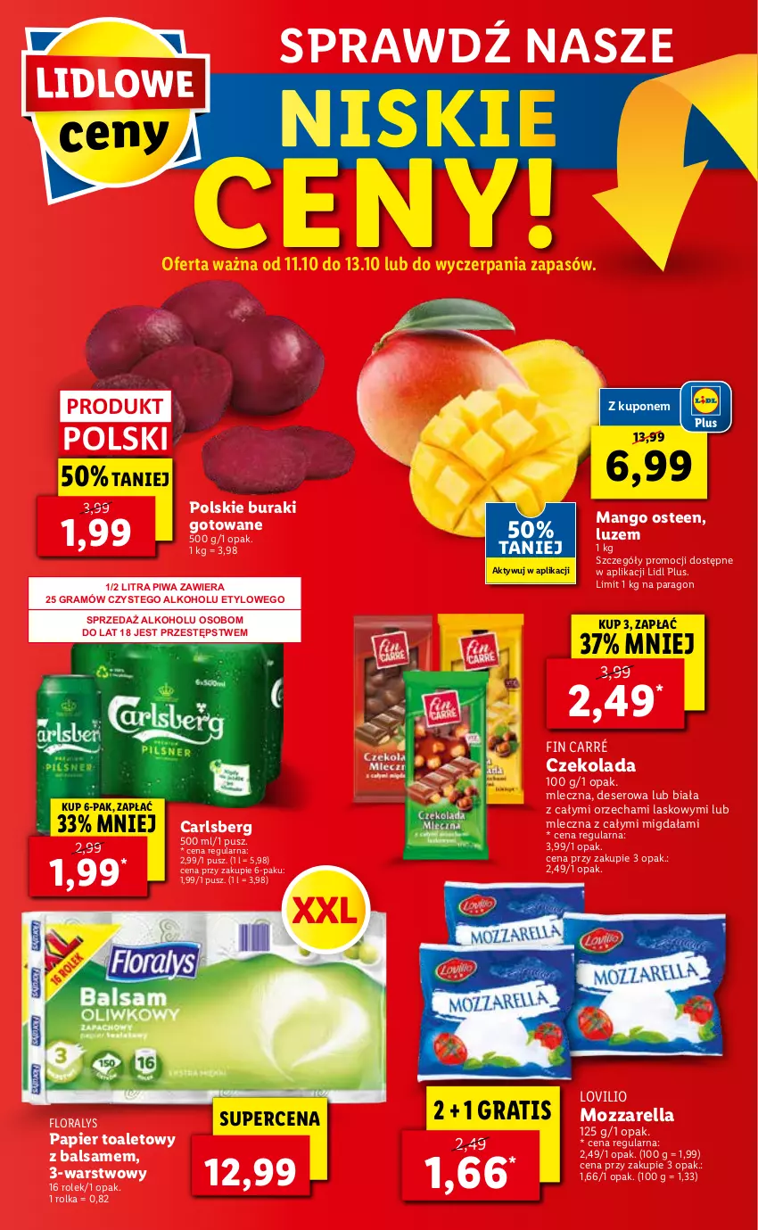 Gazetka promocyjna Lidl - GAZETKA - ważna 11.10 do 13.10.2021 - strona 68 - produkty: Buraki, Carlsberg, Czekolada, Deser, Flora, Gra, Lovi, Mango, Mozzarella, Papier, Papier toaletowy, Piwa, Ser