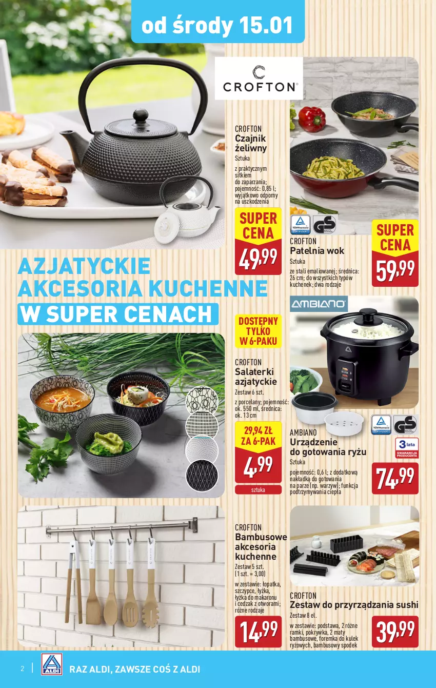 Gazetka promocyjna Aldi - Artykuły przemysłowe i tekstylia - ważna 15.01 do 18.01.2025 - strona 2 - produkty: Cedzak, Czajnik, Makaron, Patelnia, Por, Ryż, Sushi, Szczypce