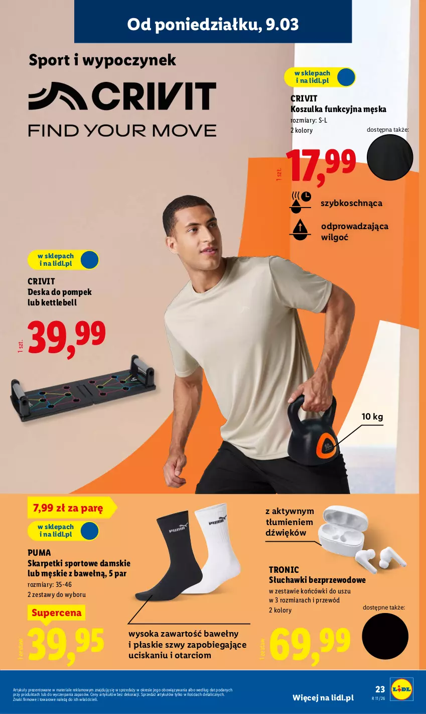 Gazetka promocyjna Lidl - Oferta ważna od 9.03 - ważna 09.03 do 14.03.2026 - strona 27 - produkty: Bell, Karp, Kosz, Koszulka, Koszulka funkcyjna, LG, Por, Przewód, Puma, Skarpetki, Słuchawki, Słuchawki bezprzewodowe, Sok, Sport
