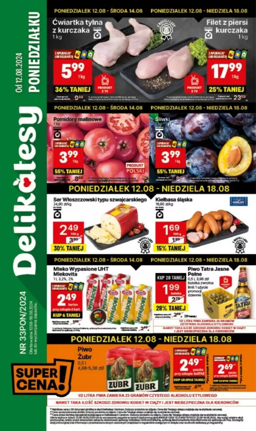 Gazetka promocyjna Delikatesy Centrum - ważna 12.08 do 14.08.2024 - strona 1 - produkty: Fa, Gra, Kurczak, Mleko, Mule, Piec, Piwa, Piwo, Por, Pur, Ser, Tatra, Włoszczowski