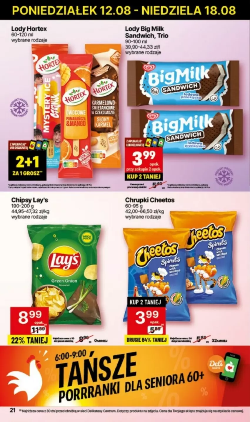 Gazetka promocyjna Delikatesy Centrum - ważna 12.08 do 14.08.2024 - strona 14 - produkty: Big Milk, Cheetos, Chipsy, Chrupki, Hortex, Lody, Rum