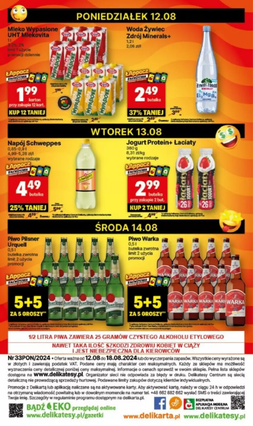 Gazetka promocyjna Delikatesy Centrum - ważna 12.08 do 14.08.2024 - strona 18 - produkty: Gra, Jogurt, Napój, Piwo, Rum, Schweppes, Warka, Woda