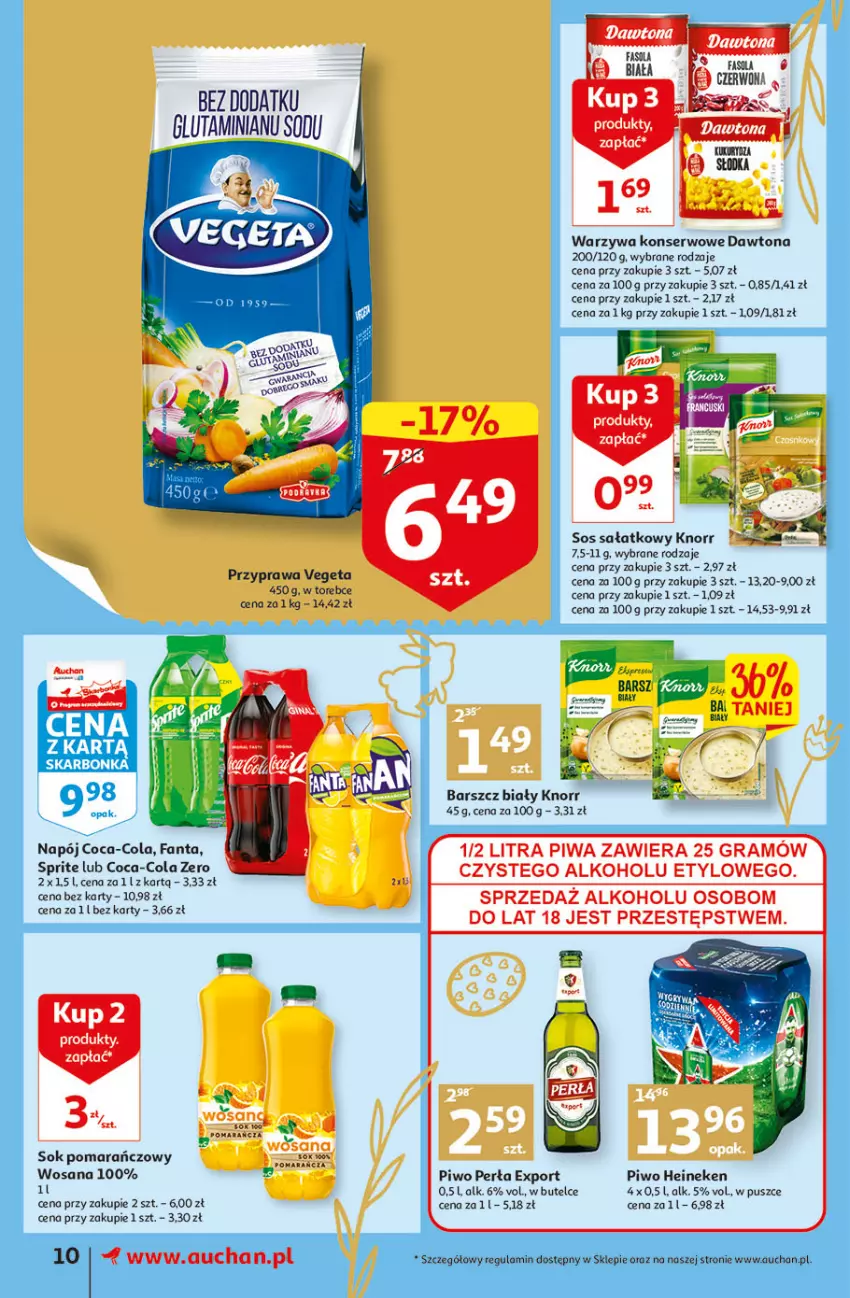 Gazetka promocyjna Auchan - przeNISKIE CENY Targi Wielkanocne Supermarkety - ważna 31.03 do 06.04.2022 - strona 10 - produkty: Coca-Cola, Dawtona, Fa, Fanta, Gra, Heineken, Knorr, Napój, Perła, Piwa, Piwo, Por, Sałat, Ser, Sok, Sok pomarańczowy, Sos, Sprite, Vegeta, Warzywa, Warzywa konserwowe, Wosana