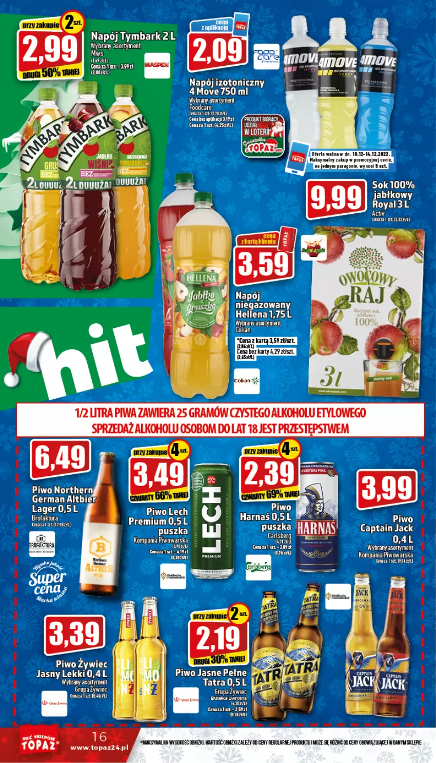 Gazetka promocyjna Topaz - Gazetka - ważna 10.12 do 14.12.2022 - strona 16 - produkty: Captain Jack, Harnaś, Hellena, K2, Napój, Napój izotoniczny, Piwo, Piwo jasne, Ser, Sok, Top, Tymbark