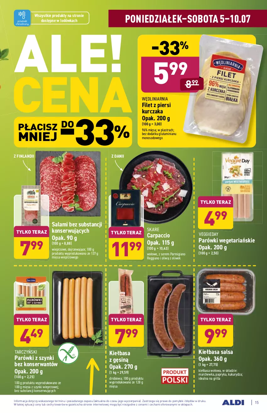 Gazetka promocyjna Aldi - WEGE PRZYSMAKI - ważna 05.07 do 10.07.2021 - strona 15 - produkty: Carpaccio, Filet z piersi kurczaka, Grill, Kiełbasa, Kukurydza, Kurczak, Lodówka, Marchewka, Papryka, Parówki, Parówki z szynki, Salami, Salsa, Ser, Tarczyński, Tera