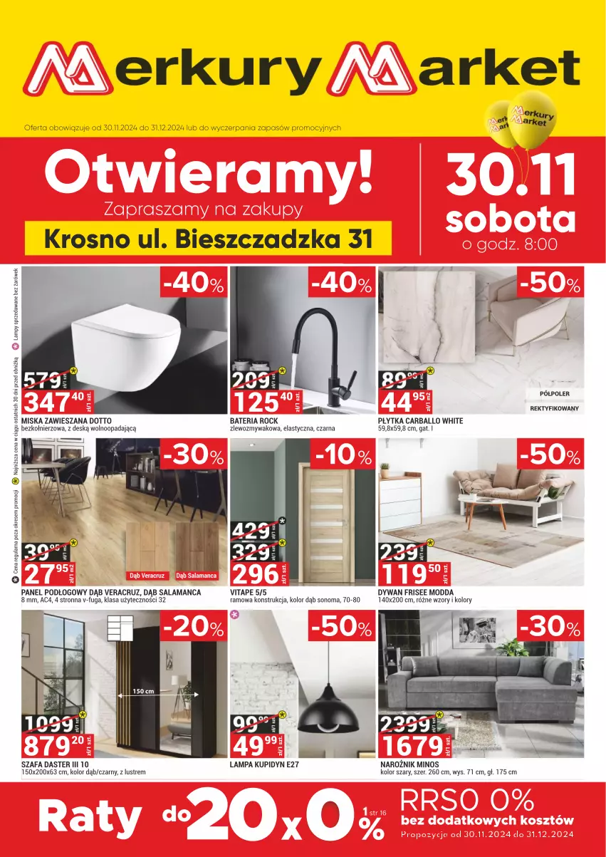 Gazetka promocyjna Merkury Market - Otwarcie - Krosno ul. Bieszczadzka 31 - ważna 30.11 do 31.12.2024 - strona 1 - produkty: Bateria, Dywan, Fa, Miska, Narożnik, Panel podłogowy, Płytka, Szafa, Zlew, Zlewozmywak