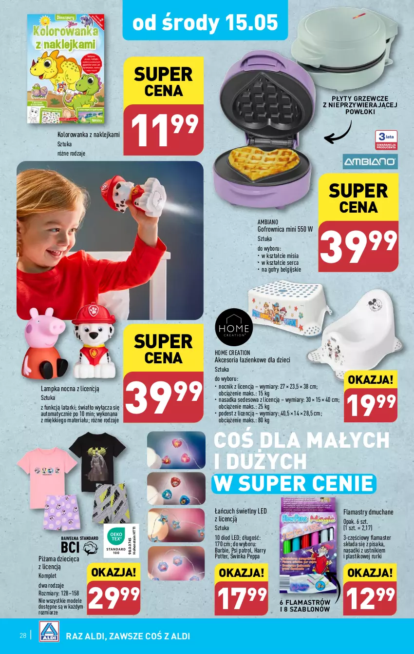 Gazetka promocyjna Aldi - Pełna oferta - ważna 13.05 do 18.05.2024 - strona 28 - produkty: Barbie, Dzieci, Flamastry, Gofrownica, Gofry, Harry Potter, Inka, Klej, Kolorowanka, LG, Nocnik, Piżama, Psi Patrol, Rurki, Ser, Ustnik