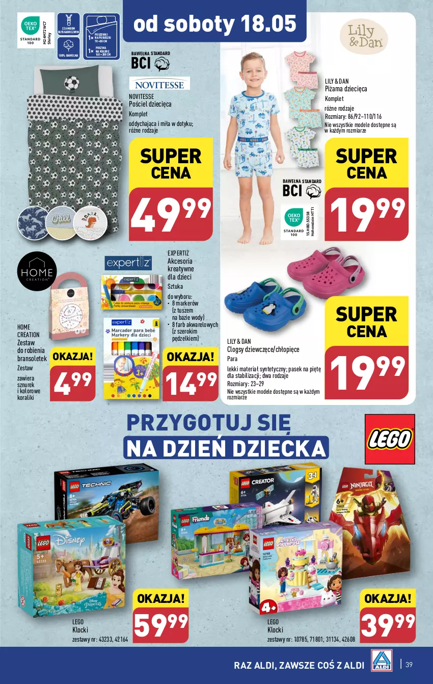 Gazetka promocyjna Aldi - Pełna oferta - ważna 13.05 do 18.05.2024 - strona 39 - produkty: Clogsy, Dzieci, Fa, Klocki, LEGO, Marker, Pasek, Piżama, Pościel, Sznurek, Tusz, Wełna