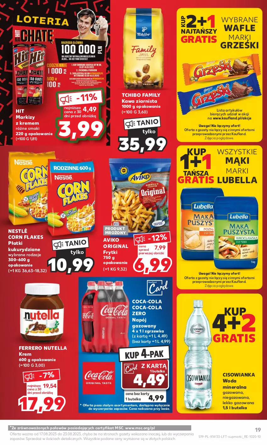 Gazetka promocyjna Kaufland - Gazetka tygodnia - ważna 17.08 do 23.08.2023 - strona 19 - produkty: Bell, Bella, Cisowianka, Coca-Cola, Corn flakes, Fa, Ferrero, Frytki, Gin, Gra, Grześki, Kawa, Kawa ziarnista, Lubella, Napój, Napój gazowany, Nestlé, Nutella, Tchibo, Tchibo Family, Wafle, Waga, Woda, Woda mineralna