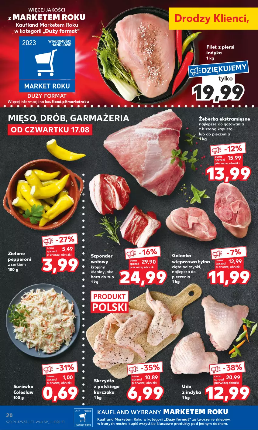 Gazetka promocyjna Kaufland - Gazetka tygodnia - ważna 17.08 do 23.08.2023 - strona 20 - produkty: Drób, Filet z piersi indyka, Golonka wieprzowa, Kapustą, Kurczak, Mięso, Piec, Ser, Surówka, Surówka coleslaw, Szponder wołowy