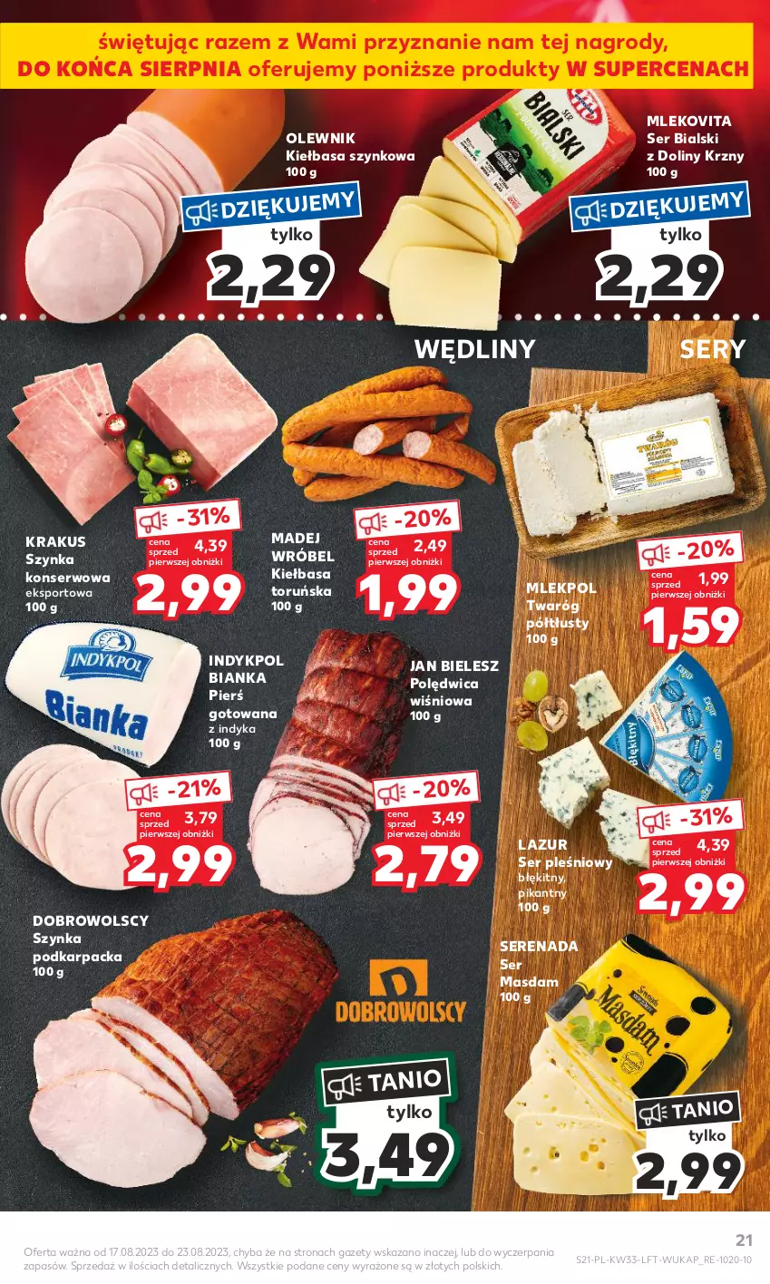 Gazetka promocyjna Kaufland - Gazetka tygodnia - ważna 17.08 do 23.08.2023 - strona 21 - produkty: Bianka, Karp, Kiełbasa, Kiełbasa szynkowa, Krakus, Lazur, Madej Wróbel, Mleko, Mlekovita, Olewnik, Polędwica, Por, Ser, Ser pleśniowy, Sport, Szynka, Szynka konserwowa, Twaróg, Twaróg półtłusty