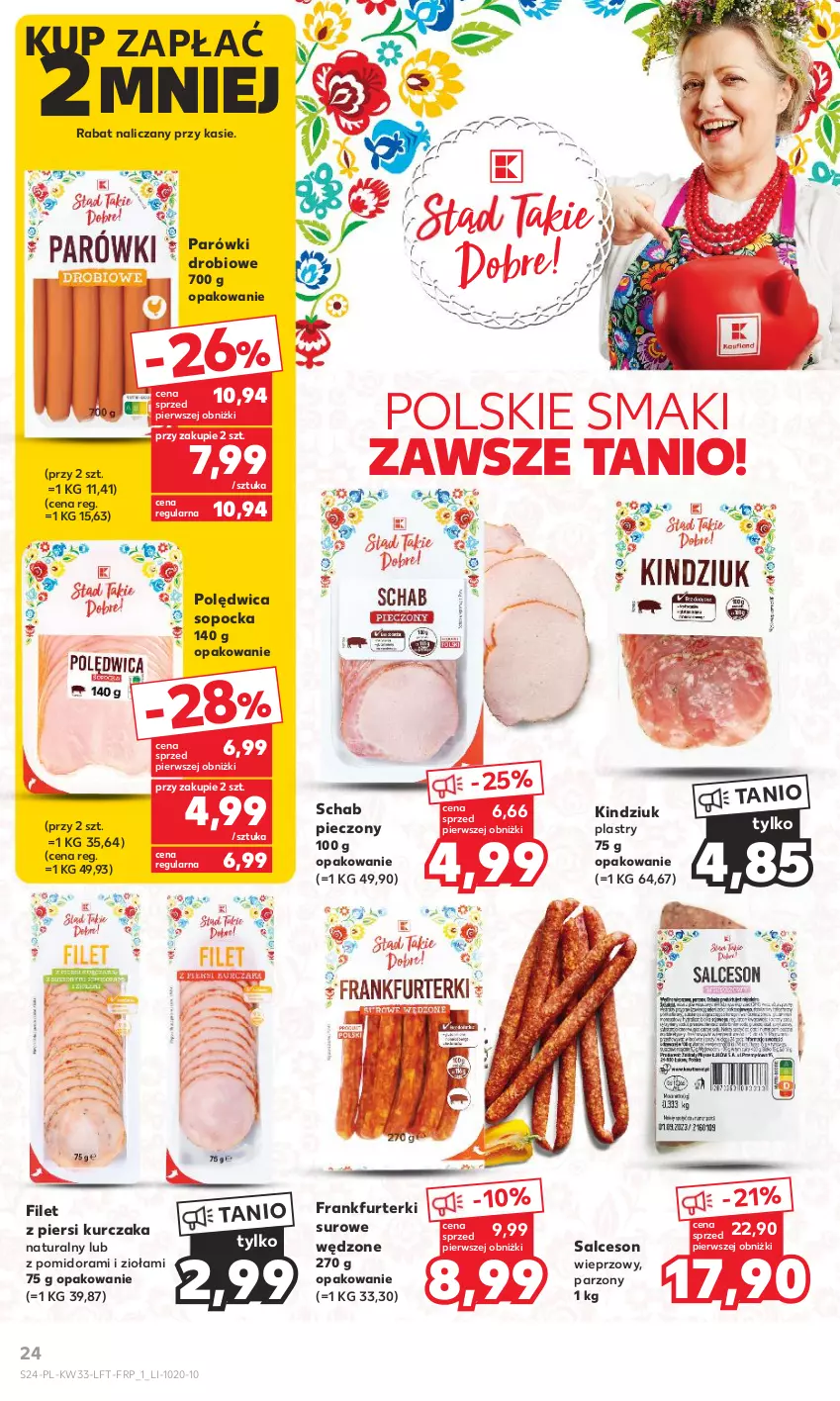 Gazetka promocyjna Kaufland - Gazetka tygodnia - ważna 17.08 do 23.08.2023 - strona 24 - produkty: Filet z piersi kurczaka, Frankfurterki, Kindziuk, Kurczak, Parówki, Piec, Polędwica, Salceson, Schab pieczony