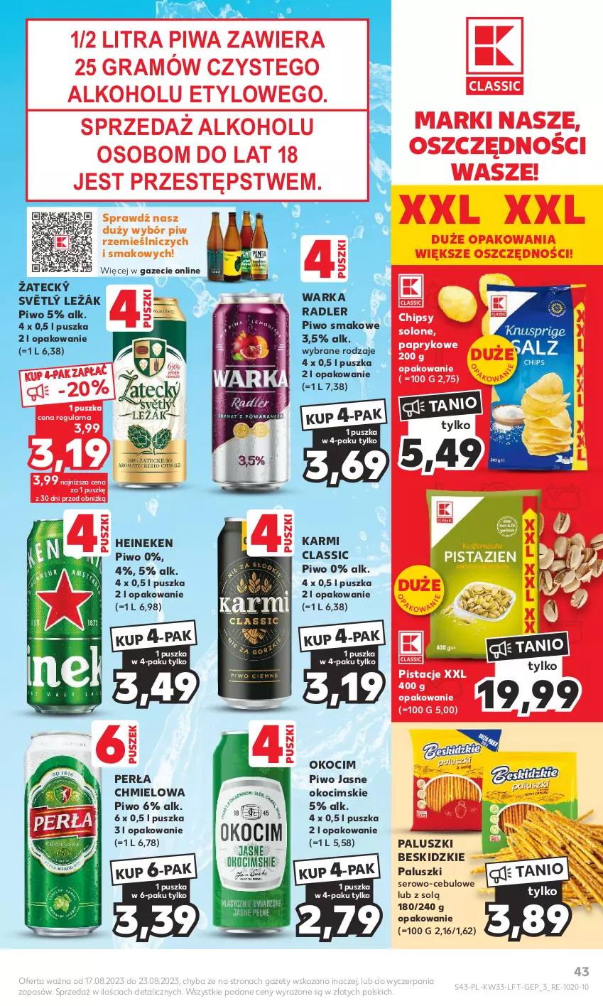 Gazetka promocyjna Kaufland - Gazetka tygodnia - ważna 17.08 do 23.08.2023 - strona 43 - produkty: Beskidzki, Beskidzkie paluszki, Chipsy, Gra, Heineken, Karmi, Koc, Okocim, Perła, Pistacje, Piwa, Piwo, Piwo jasne, Radler, Ser, Warka