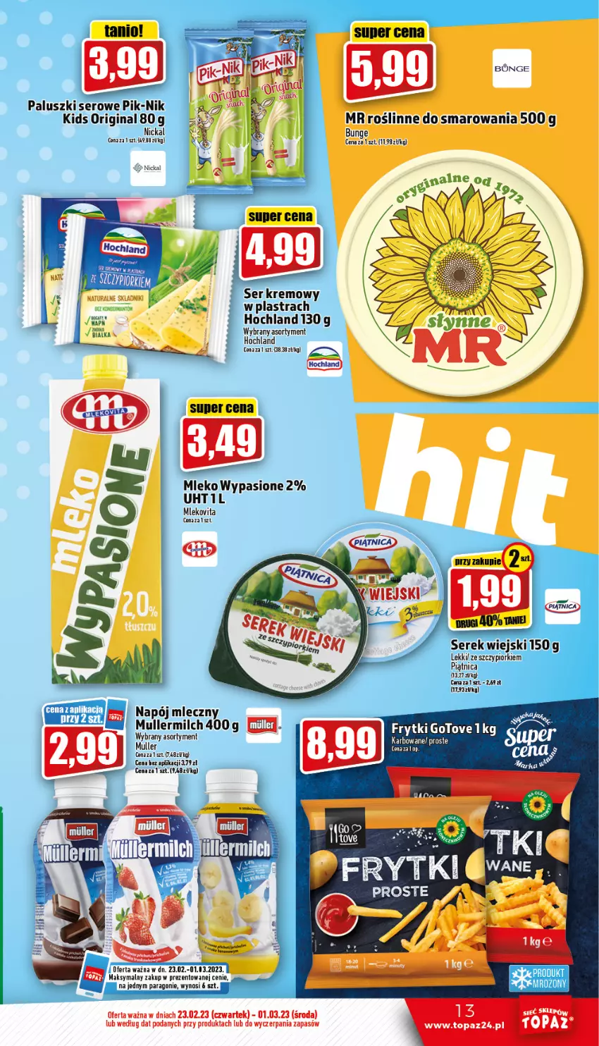 Gazetka promocyjna Topaz - Gazetka - ważna 23.02 do 01.03.2023 - strona 13 - produkty: Frytki, Gin, Hochland, Mleko, Mlekovita, Napój, Napój mleczny, Piątnica, Ser, Serek, Serek wiejski, Vita C