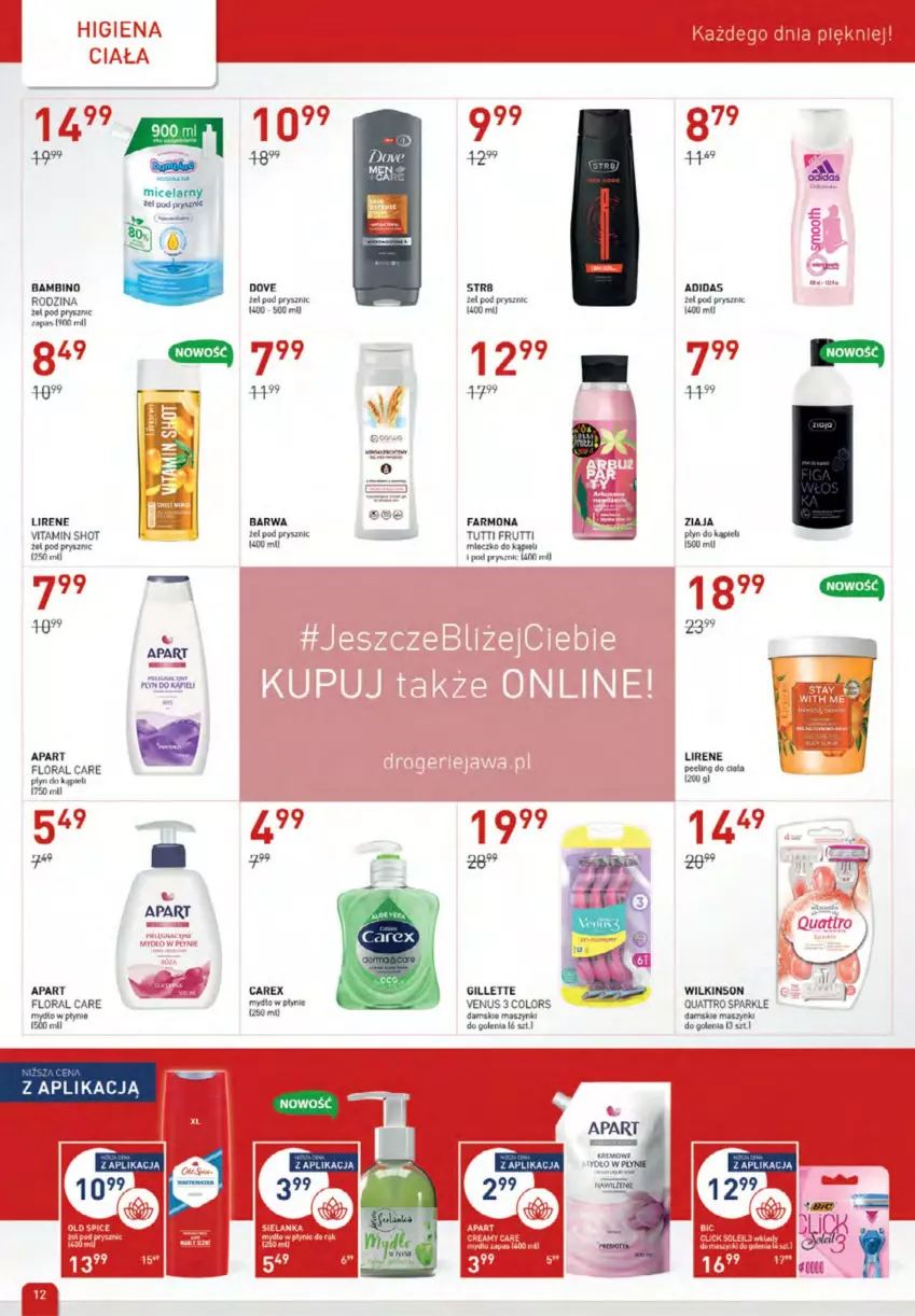 Gazetka promocyjna Drogerie Jawa - ważna 06.10 do 02.11.2022 - strona 12 - produkty: Adidas, Dove, Fa, Flora, Gillette, Lirene, Mydło, Mydło w płynie, Peeling, Płyn do kąpieli, Venus, Ziaja