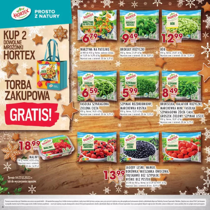 Gazetka promocyjna Stokrotka - Katalog Boże Narodzenie - ważna 14.12 do 27.12.2023 - strona 70 - produkty: Borówka, Brokuły, Brukselka, Fa, Groszek, Hortex, Jagody, Kalafior, Maliny, Mango, Marchewka, Mięso, Owoce, Stek, Szpinak, Truskawki, Warzywa