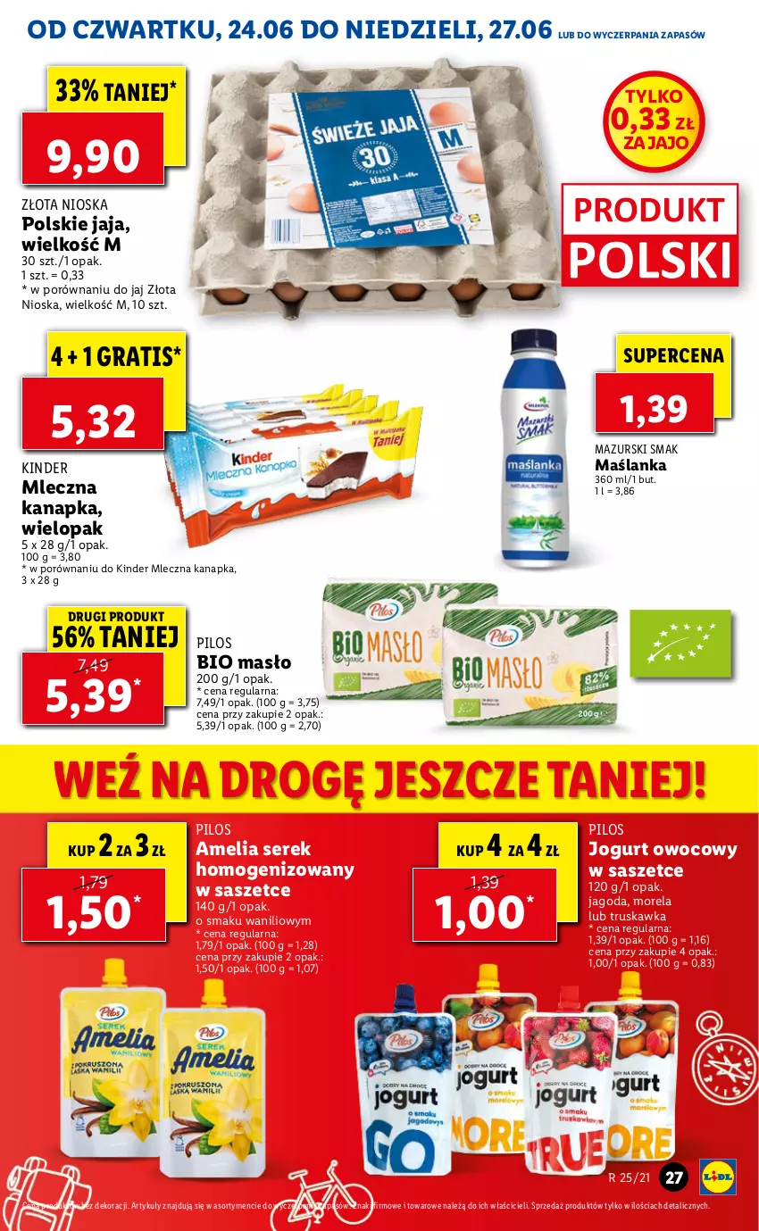 Gazetka promocyjna Lidl - GAZETKA - ważna 24.06 do 27.06.2021 - strona 27 - produkty: Gra, Jaja, Jogurt, Jogurt owocowy, Kinder, Maślanka, Masło, Mleczna kanapka, Morela, Pilos, Por, Ser, Serek, Serek homogenizowany