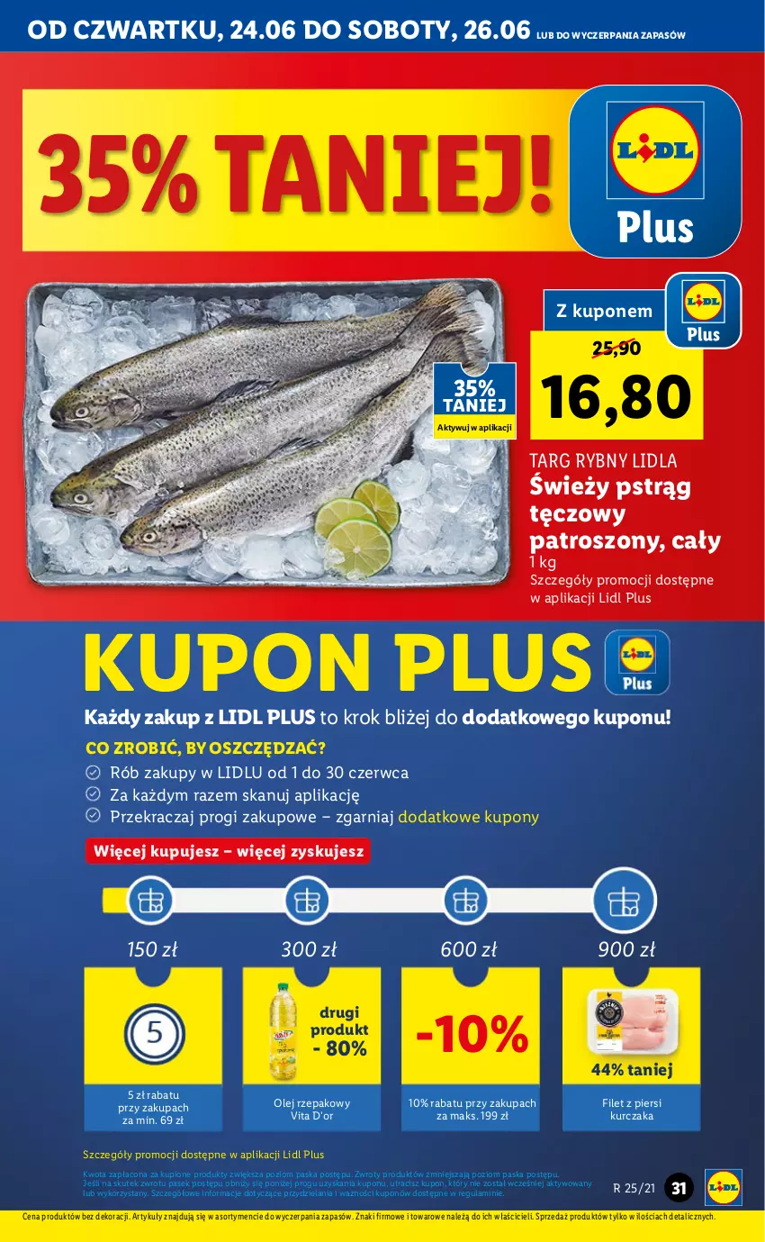 Gazetka promocyjna Lidl - GAZETKA - ważna 24.06 do 27.06.2021 - strona 31 - produkty: Filet z piersi kurczaka, Kurczak, Olej, Olej rzepakowy, Pasek, Pstrąg, Pstrąg tęczowy