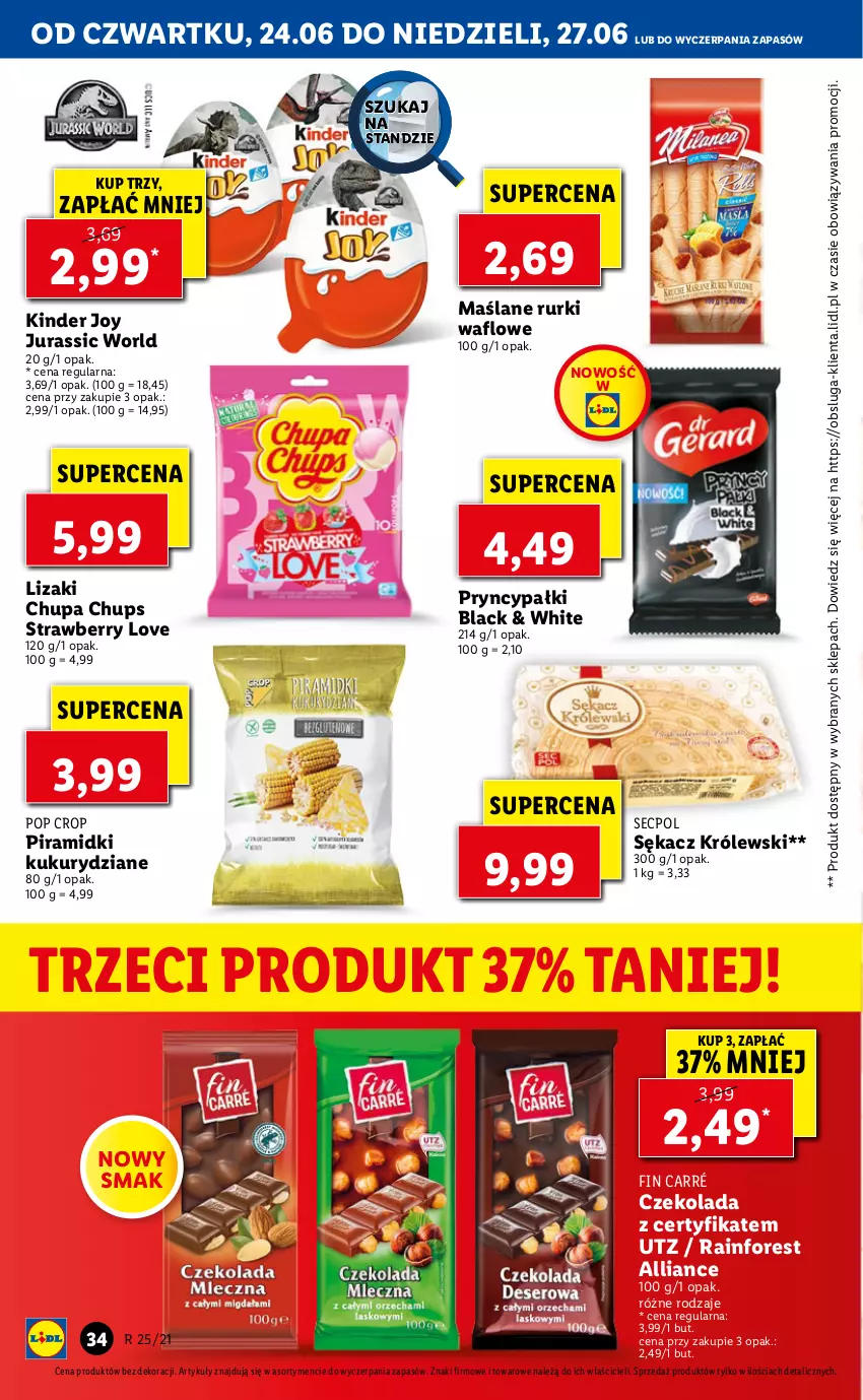 Gazetka promocyjna Lidl - GAZETKA - ważna 24.06 do 27.06.2021 - strona 34 - produkty: Chupa Chups, Czekolada, Jurassic World, Kinder, Królewski, Lack, Lizaki, Rurki, Sękacz