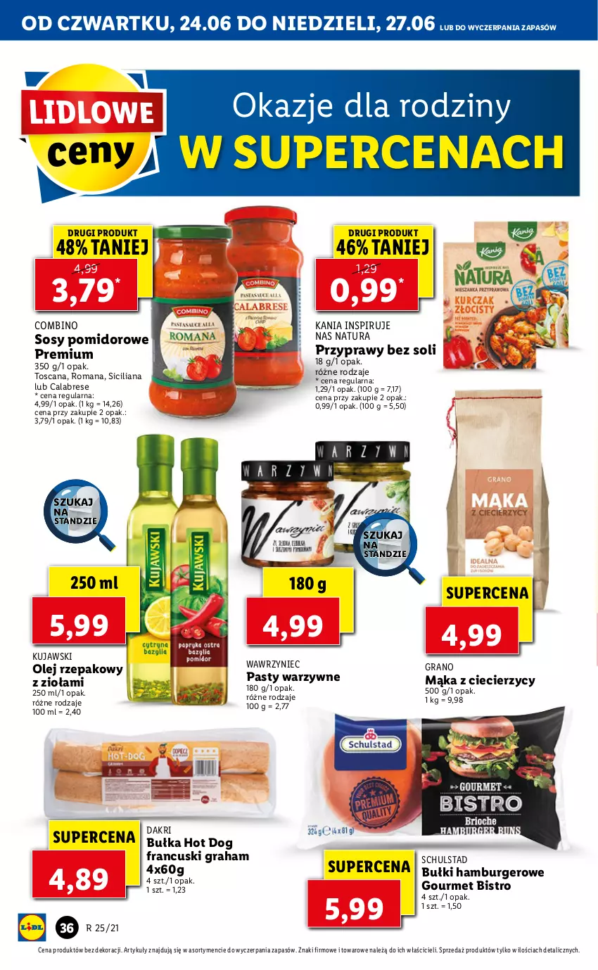 Gazetka promocyjna Lidl - GAZETKA - ważna 24.06 do 27.06.2021 - strona 36 - produkty: Bułka, Burger, Gra, Hamburger, Hot dog, Kujawski, Mąka, Olej, Olej rzepakowy, Przyprawy, Sos