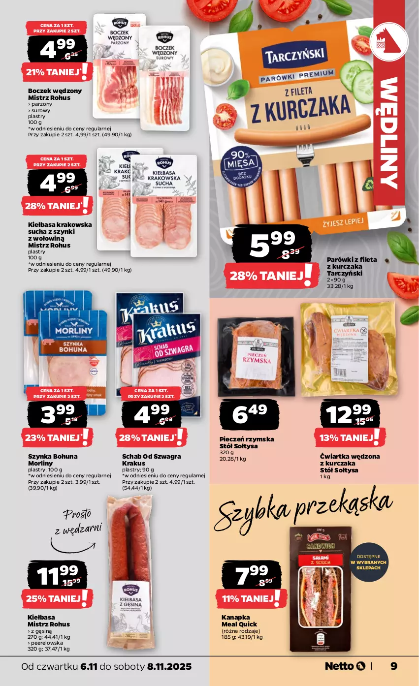 Gazetka promocyjna Netto - Od Czwartku - ważna 06.11 do 08.11.2025 - strona 9 - produkty: Boczek, Gra, Kiełbasa, Kiełbasa krakowska, Krakus, Kurczak, Morliny, Parówki, Piec, Pieczeń rzymska, Stół, Szynka, Tarczyński