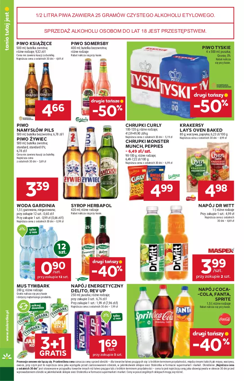 Gazetka promocyjna Stokrotka - Supermarket - ważna 16.10 do 22.10.2025 - strona 34 - produkty: Chrupki, Coca-Cola, Fa, Fanta, Gra, Herbapol, Krakersy, Książęce, Lay’s, Mięso, Monster Munch, Mus, Namysłów, Napój, Napój energetyczny, Owoce, Papryka, Piwa, Piwo, Somersby, Sprite, Syrop, Tymbark, Tyskie, Warzywa, Woda