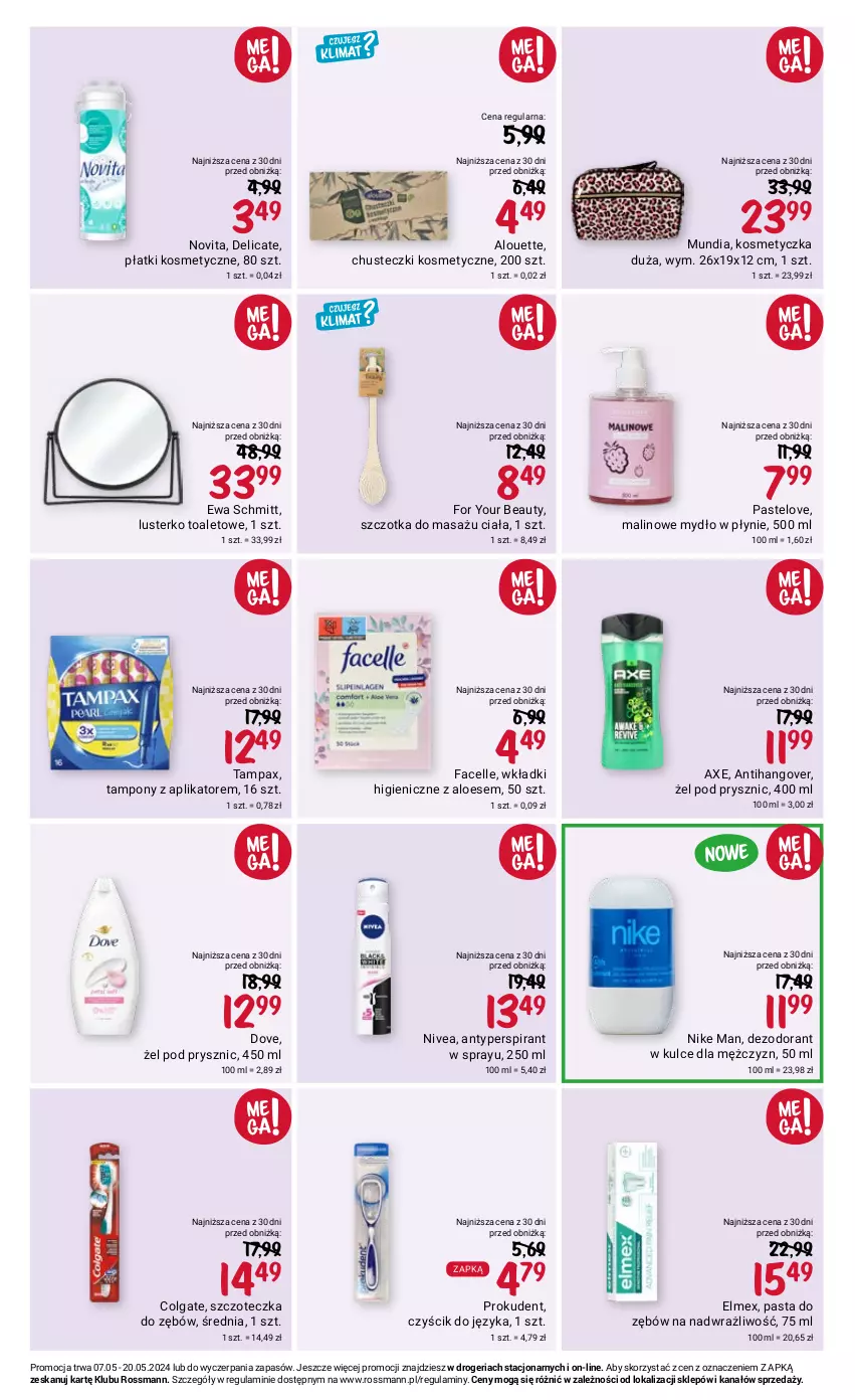 Gazetka promocyjna Rossmann - 7 maja - ważna 07.05 do 20.05.2024 - strona 9 - produkty: Alouette, Antyperspirant, Chusteczki, Chusteczki kosmetyczne, Colgate, Dezodorant, Dove, Elmex, Ewa Schmitt, Fa, Facelle, For Your Beauty, Kosmetyczka, LG, Mydło, Mydło w płynie, Nike, Nivea, Pasta do zębów, Pax, Płatki kosmetyczne, Prokudent, Szczoteczka, Szczoteczka do zębów, Szczotka, Tampax, Tampony, Wkładki