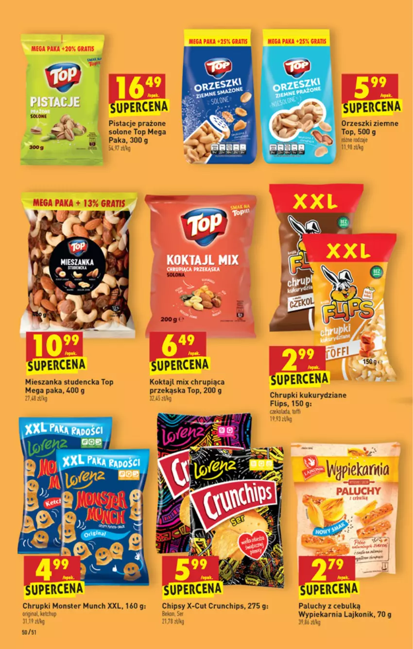 Gazetka promocyjna Biedronka - W tym tygodniu - ważna 18.11 do 24.11.2021 - strona 50 - produkty: Chipsy, Chrupki, Crunchips, Czekolada, Gin, Lajkonik, LG, Mieszanka studencka, Monster Munch, Orzeszki, Orzeszki ziemne, Pistacje, Top