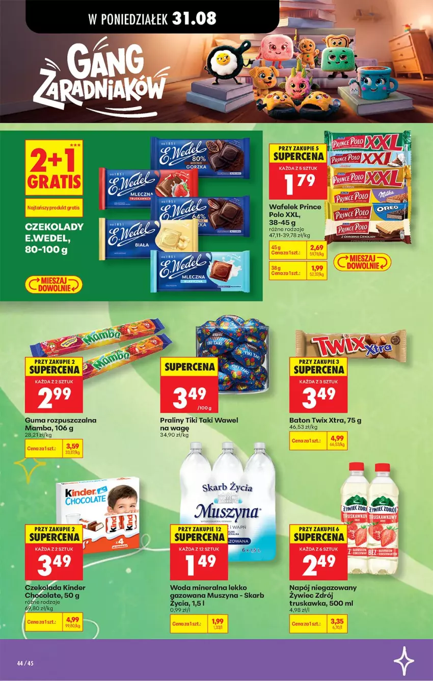 Gazetka promocyjna Biedronka - Od Poniedziałku - ważna 31.08 do 05.09.2026 - strona 44 - produkty: Baton, Czekolada, Guma rozpuszczalna, Kinder, Mamba, Mus, Napój, Napój niegazowany, Praliny, Prince Polo, Szyna, Twix, Wafelek, Wawel, Woda, Woda mineralna