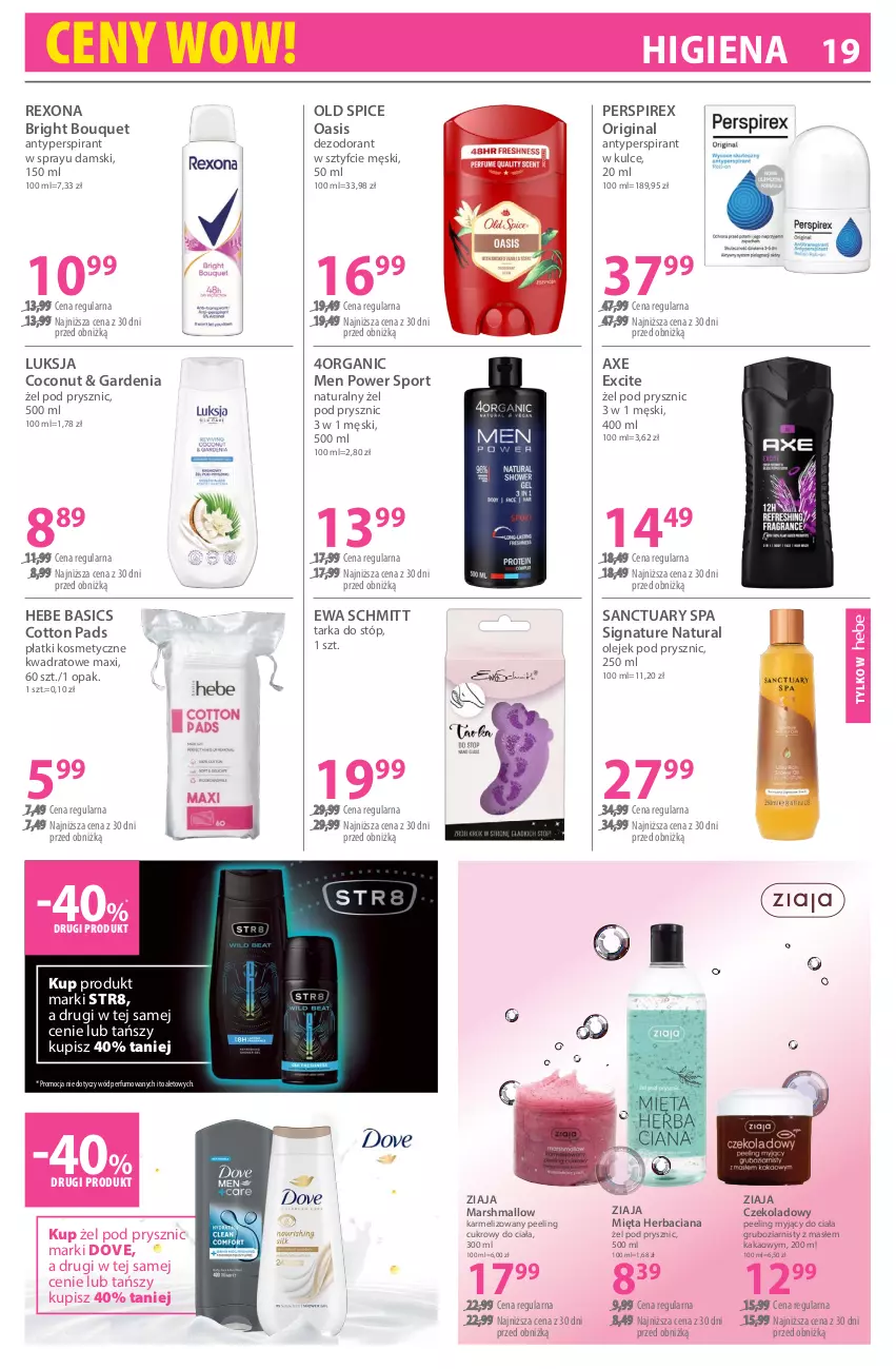 Gazetka promocyjna Hebe - Gazetka - ważna 16.01 do 30.01.2026 - strona 19 - produkty: Antyperspirant, Dezodorant, Dove, Ewa Schmitt, Gin, Kakao, Luksja, Mars, Mięta, Old Spice, Olej, Olejek pod prysznic, Peeling, Perfum, Płatki kosmetyczne, Por, Rexona, Sanctuary Spa, Sport, Str8, Tarka, Tarka do stóp, Ziaja