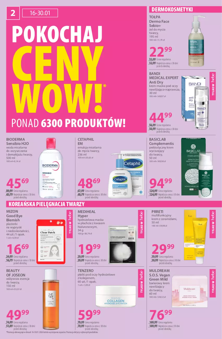 Gazetka promocyjna Hebe - Gazetka - ważna 16.01 do 30.01.2026 - strona 2 - produkty: Bandi, Basiclab, Bioderma, Cetaphil, Emulsja, Fa, Koc, Kolagen, Krem nawilżający, Makijaż, Maska, Maska w płachcie, Plasterki, Tołpa, Woda, Woda micelarna