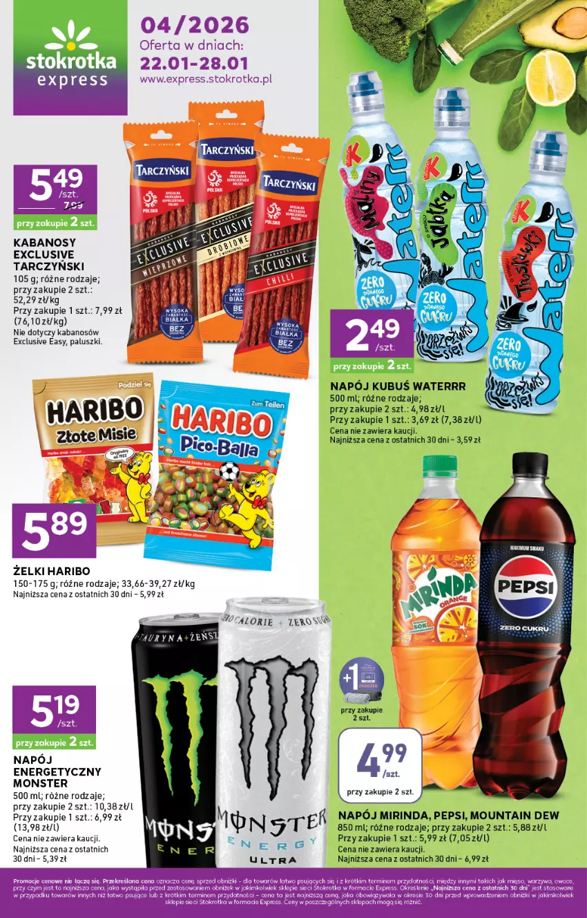 Gazetka promocyjna Stokrotka - Stokrotka Express - ważna 22.01 do 28.01.2026 - strona 1 - produkty: Haribo, Kabanos, Kubuś, Kubuś Waterrr, Mirinda, Napój, Napój energetyczny, Pepsi, Tarczyński