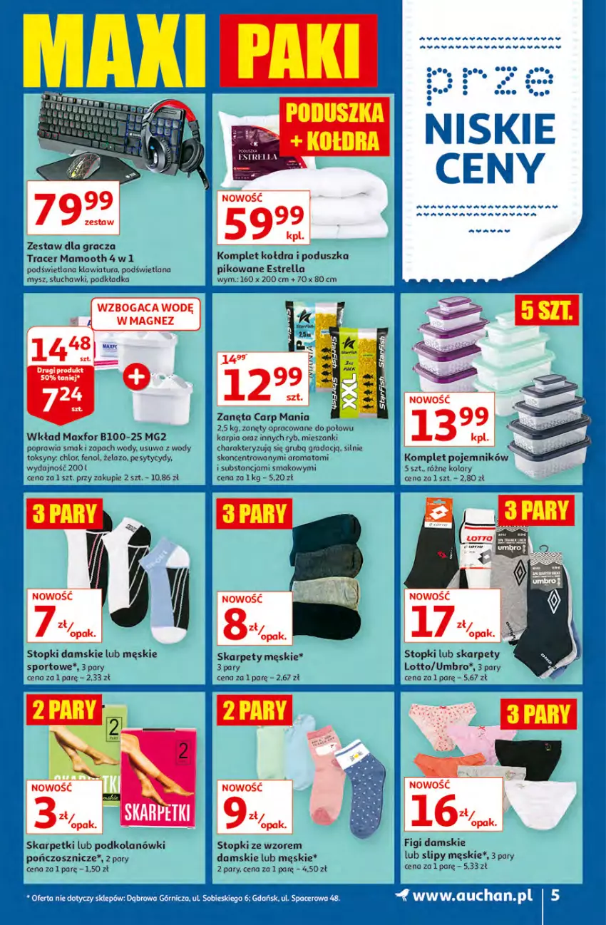 Gazetka promocyjna Auchan - przeNISKIE CENY z Maxi Pakami Hipermarkety - ważna 20.01 do 26.01.2022 - strona 5 - produkty: Acer, Figi, Gra, Karp, Klawiatura, Kołdra, LANA, Magnez, Mysz, Podkład, Podkładka, Poduszka, Pojemnik, Por, Skarpetki, Slipy, Słuchawki, Sport, Top, Znicz