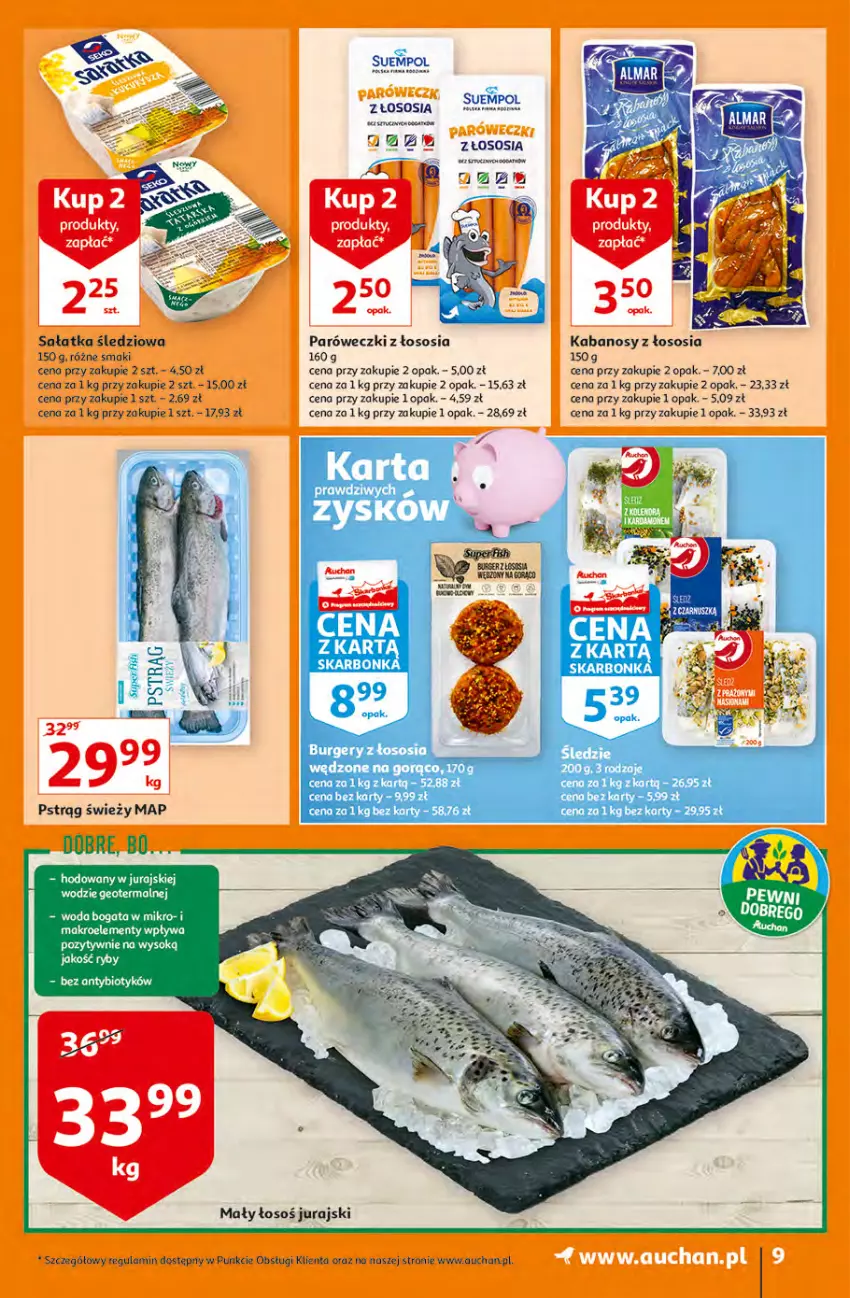 Gazetka promocyjna Auchan - przeNISKIE CENY z Maxi Pakami Hipermarkety - ważna 20.01 do 26.01.2022 - strona 9 - produkty: Burger, Fa, Kabanos, Pstrąg, Sałat, Sałatka, Sok, Sos, Suempol