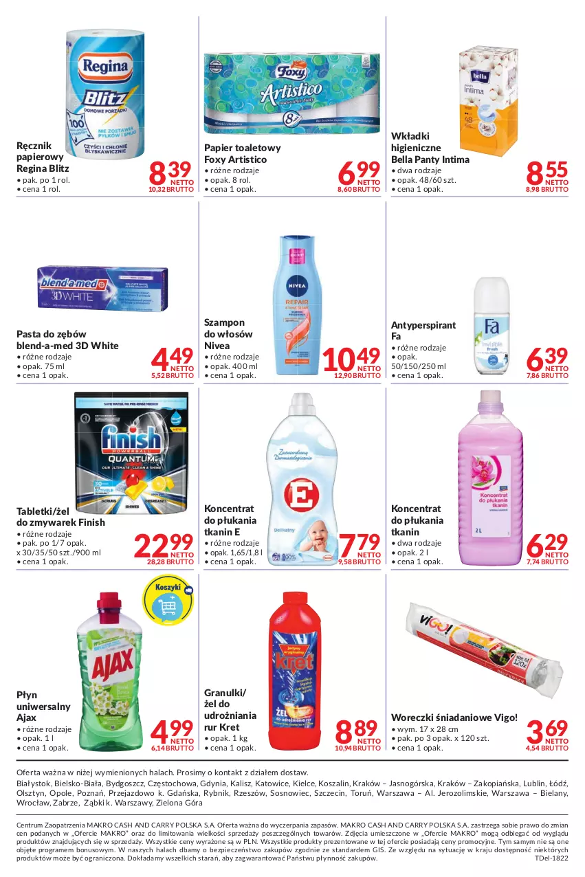 Gazetka promocyjna Makro - [Oferta promocyjna] Dostawy - ważna 23.08 do 05.09.2022 - strona 12 - produkty: Ajax, Antyperspirant, Bell, Bella, Blend-a-Med, Danio, Fa, Finish, Foxy, Gin, Gra, Kosz, Kret, Nivea, Papier, Papier toaletowy, Pasta do zębów, Piec, Ręcznik, Rum, Sos, Szal, Szampon, Tablet, Wkładki