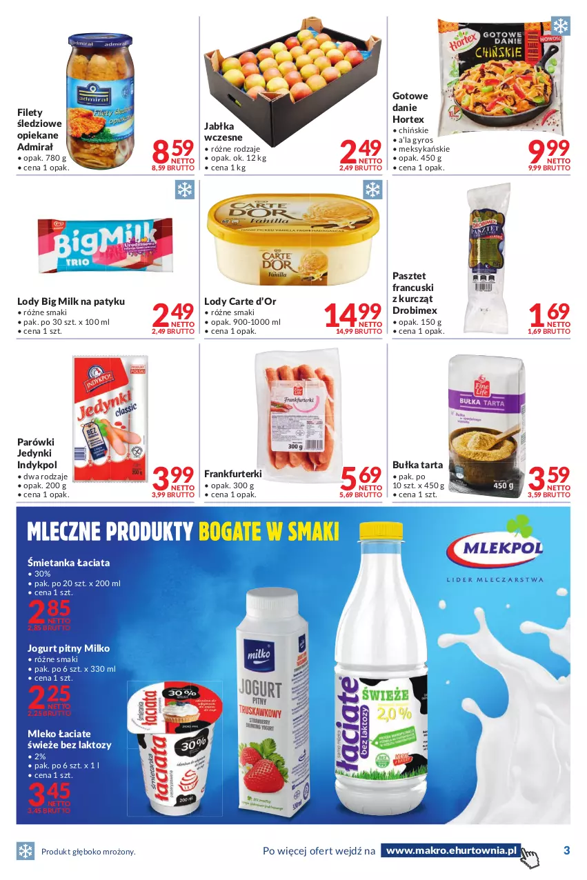 Gazetka promocyjna Makro - [Oferta promocyjna] Dostawy - ważna 23.08 do 05.09.2022 - strona 3 - produkty: Big Milk, Bułka, Bułka tarta, Drobimex, Frankfurterki, Gyros, Hortex, Jabłka, Jogurt, Jogurt pitny, Lody, Mleko, Parówki, Pasztet, Tarta